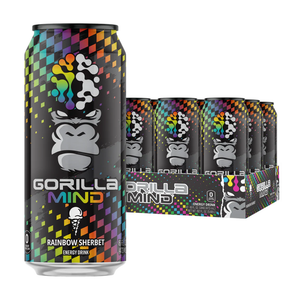 Gorilla Mind energy drink can with colorful design and packaging.