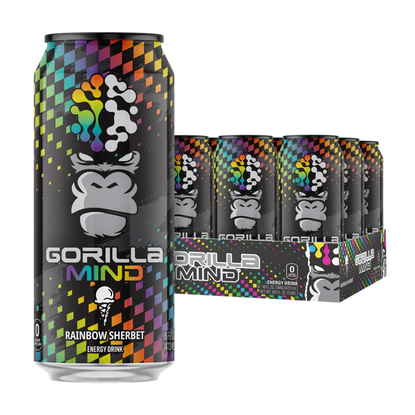 Gorilla Mind energy drink can with colorful design and packaging.