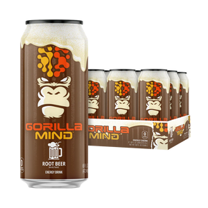 Gorilla Mind root beer energy drink can with packaging on a white background