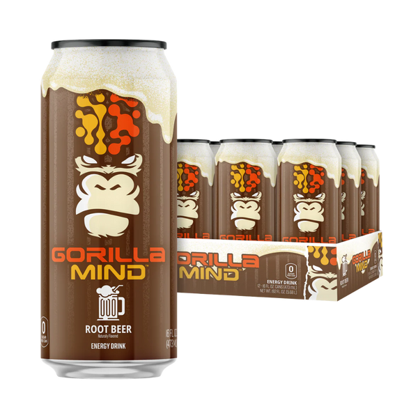 Gorilla Mind root beer energy drink can with packaging on a white background