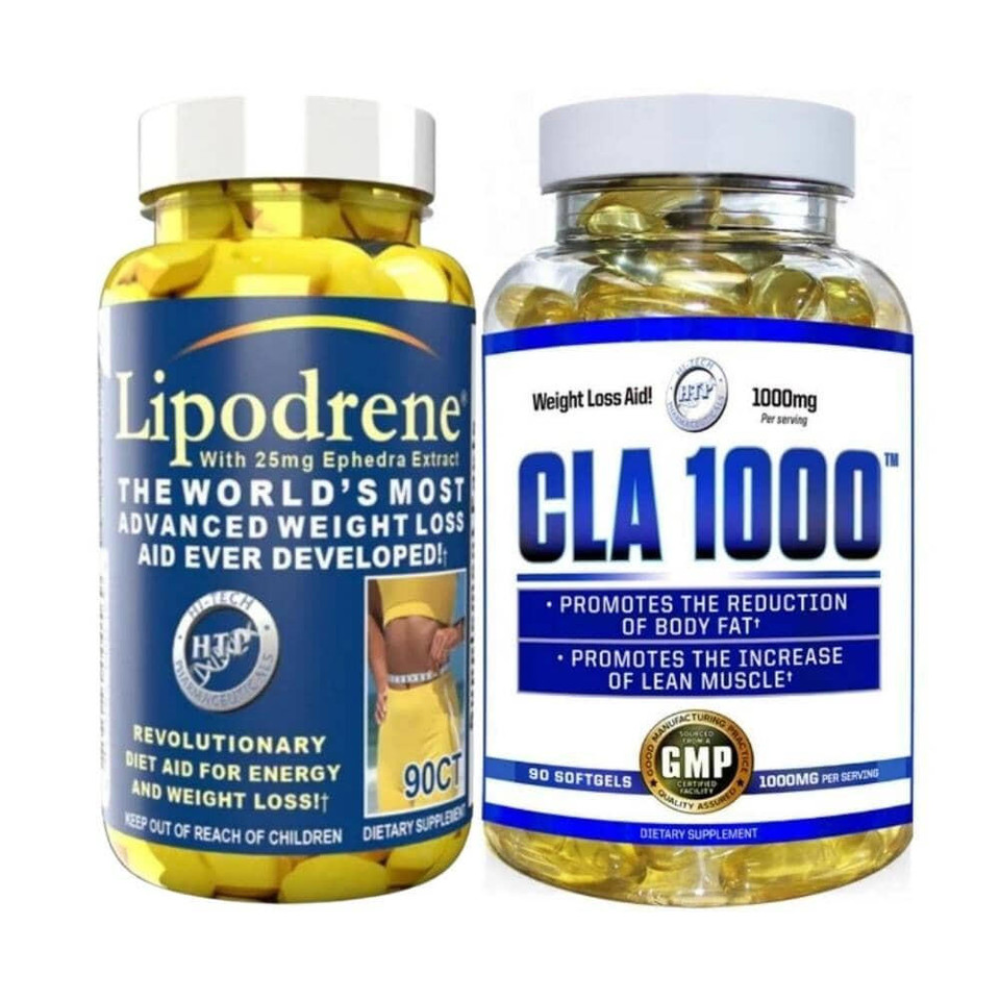Two supplement bottles labeled 'Lipodrene' and 'CLA 1000' on a white background.