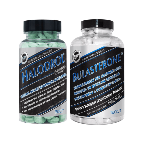 Two supplement bottles labeled 'Halodrol' and 'Bulasterone' on a white background.