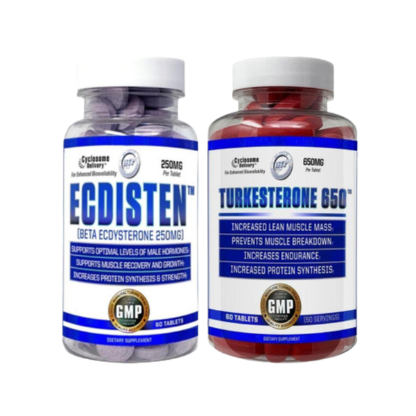 A bottle of Hi-Tech Pharmaceuticals Ecdisten and Turkesterone 650 on a white background.