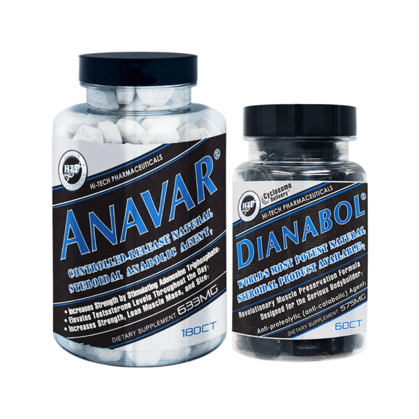 Two bottles of Hi-Tech Pharmaceuticals supplements labeled 'Anavar' and 'Dianabol' on a white background.