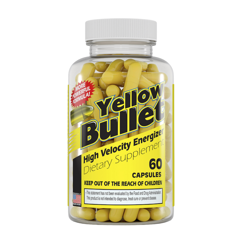 Yellow Bullet High Velocity Energizer dietary supplement bottle on a white background