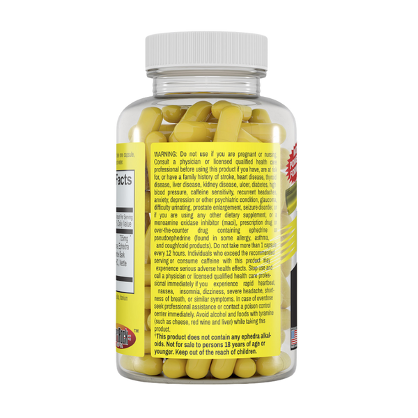 Supplement bottle with yellow capsules and a white cap on a white background