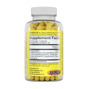 Supplement bottle with yellow capsules and visible label on a white background