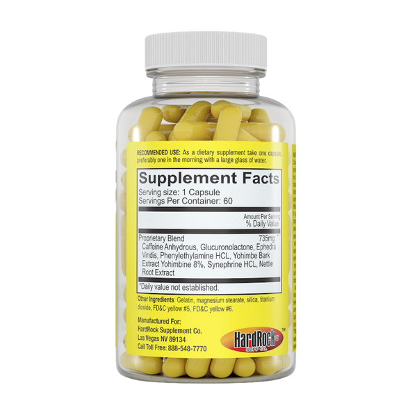 Supplement bottle with yellow capsules and visible label on a white background