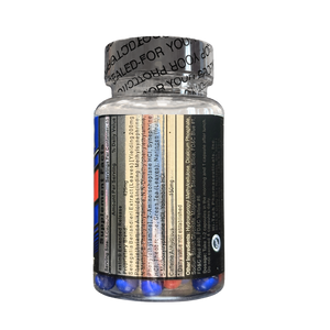 A clear plastic bottle of dietary supplements containing blue, red, and white capsules, sealed with a black and silver foil cap, shown against a plain white background.