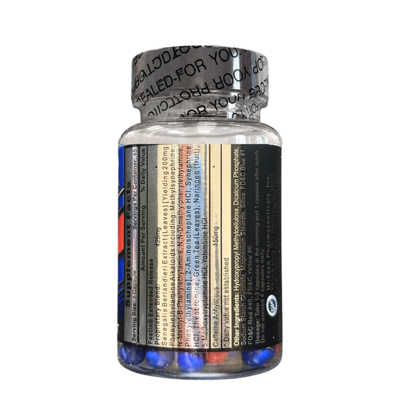 A clear plastic bottle of dietary supplements containing blue, red, and white capsules, sealed with a black and silver foil cap, shown against a plain white background.