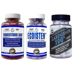 A bottle of Hi-Tech Turkesterone 650, Ecdisten, and Laxogenin 100 on a white background.