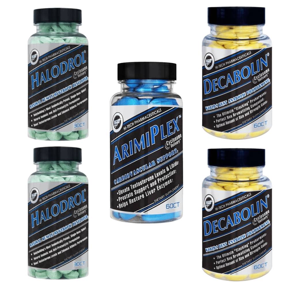 Five bottles of supplements labeled Halodrol, Decabolin, and Arimiplex on a white background.