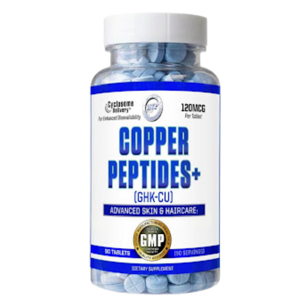 Hi-Tech Pharmaceuticals Copper Peptides 120mcg 90 Tablets bottle on a white background.