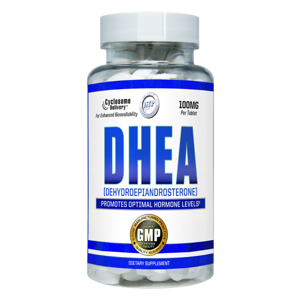 Hi-Tech Pharmaceuticals DHEA 100mg 100 Tablets supplement bottle on a white background.
