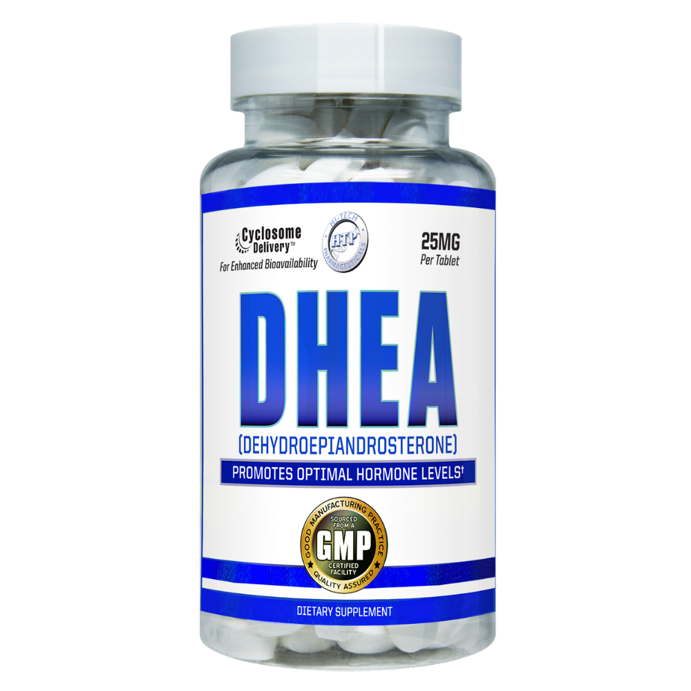 Hi-Tech Pharmaceuticals DHEA 25mg 100 Tablets supplement bottle on a white background