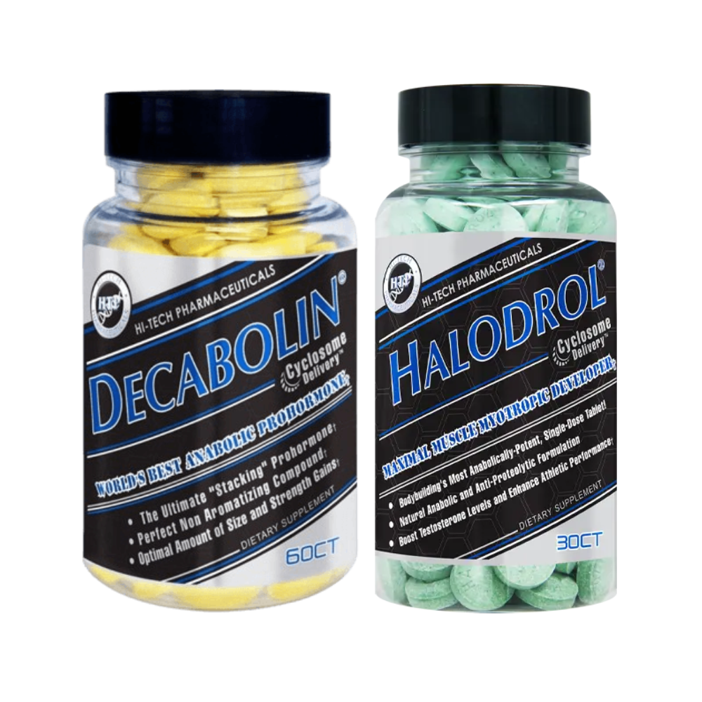 Two bottles of Decabolin and Halodrol supplements on a white background