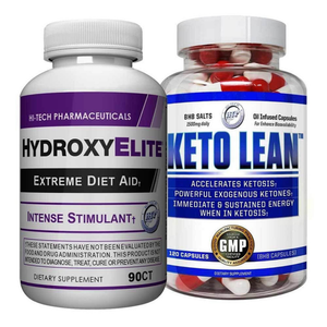 Two dietary supplement bottles labeled 'HydroxyElite' and 'Keto Lean' on a white background.