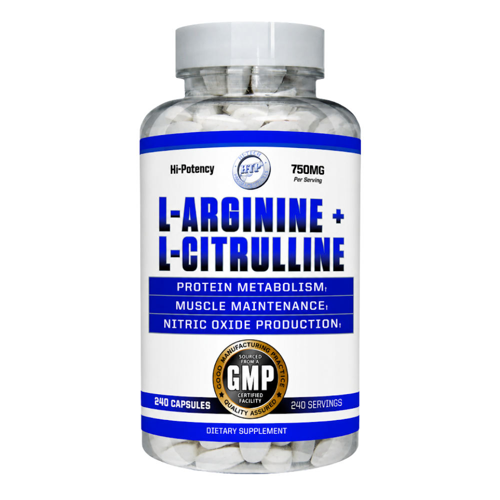 Hi-Tech Pharmaceuticals supplement bottle labeled 'L-Arginine + L-Citrulline' 240 capsules on a white background