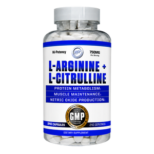Hi-Tech Pharmaceuticals supplement bottle labeled 'L-Arginine + L-Citrulline' 240 capsules on a white background
