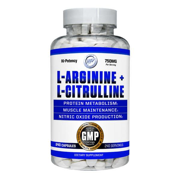 Hi-Tech Pharmaceuticals supplement bottle labeled 'L-Arginine + L-Citrulline' 240 capsules on a white background