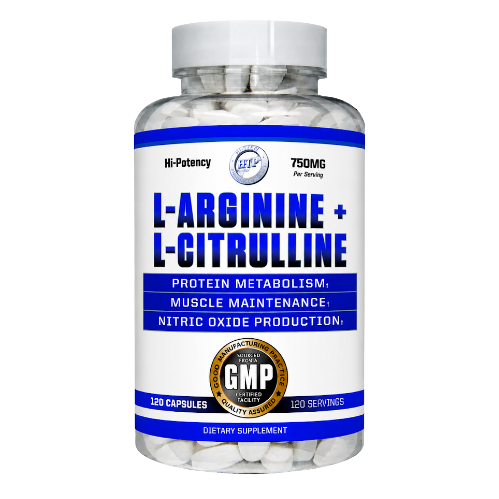 Hi-Tech Pharmaceuticals supplement bottle labeled 'L-Arginine + L-Citrulline' 120 Capsules with white background