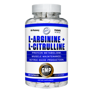 Hi-Tech Pharmaceuticals supplement bottle labeled 'L-Arginine + L-Citrulline' 120 Capsules with white background