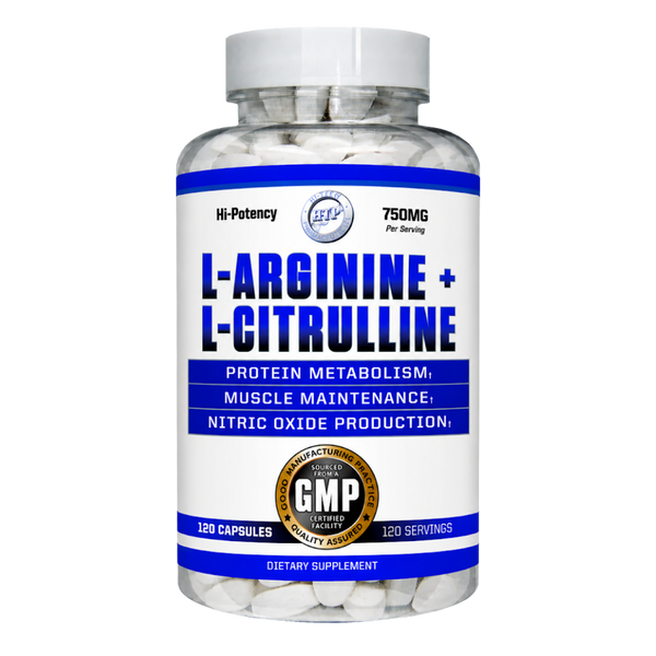 Hi-Tech Pharmaceuticals supplement bottle labeled 'L-Arginine + L-Citrulline' 120 Capsules with white background