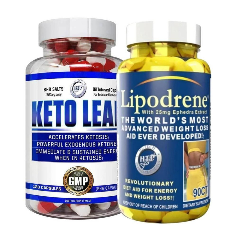Two supplement bottles labeled 'Keto Lean' and 'Lipodrene' on a white background.