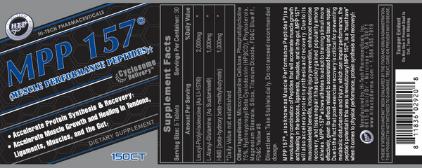 Hi-Tech Pharmaceuticals MPP 157 150ct complete label with the supplement facts, other ingredients, directions, and product info listed.