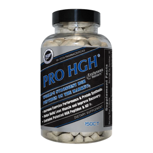 A clear plastic bottle of HGH peptides dietary supplements with a black cap and a black, blue, and white label. The label reads 'PRO HGH' and '150CT'.