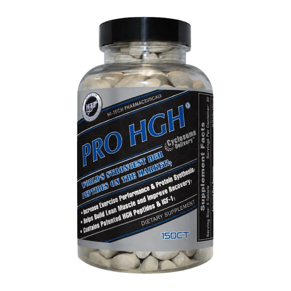 A clear plastic bottle of HGH peptides dietary supplements with a black cap and a black, blue, and white label. The label reads 'PRO HGH' and '150CT'.
