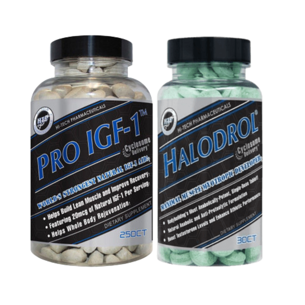 Two bottles of dietary supplements labeled 'PRO IGF-1' and 'HALODROL' on a white background.