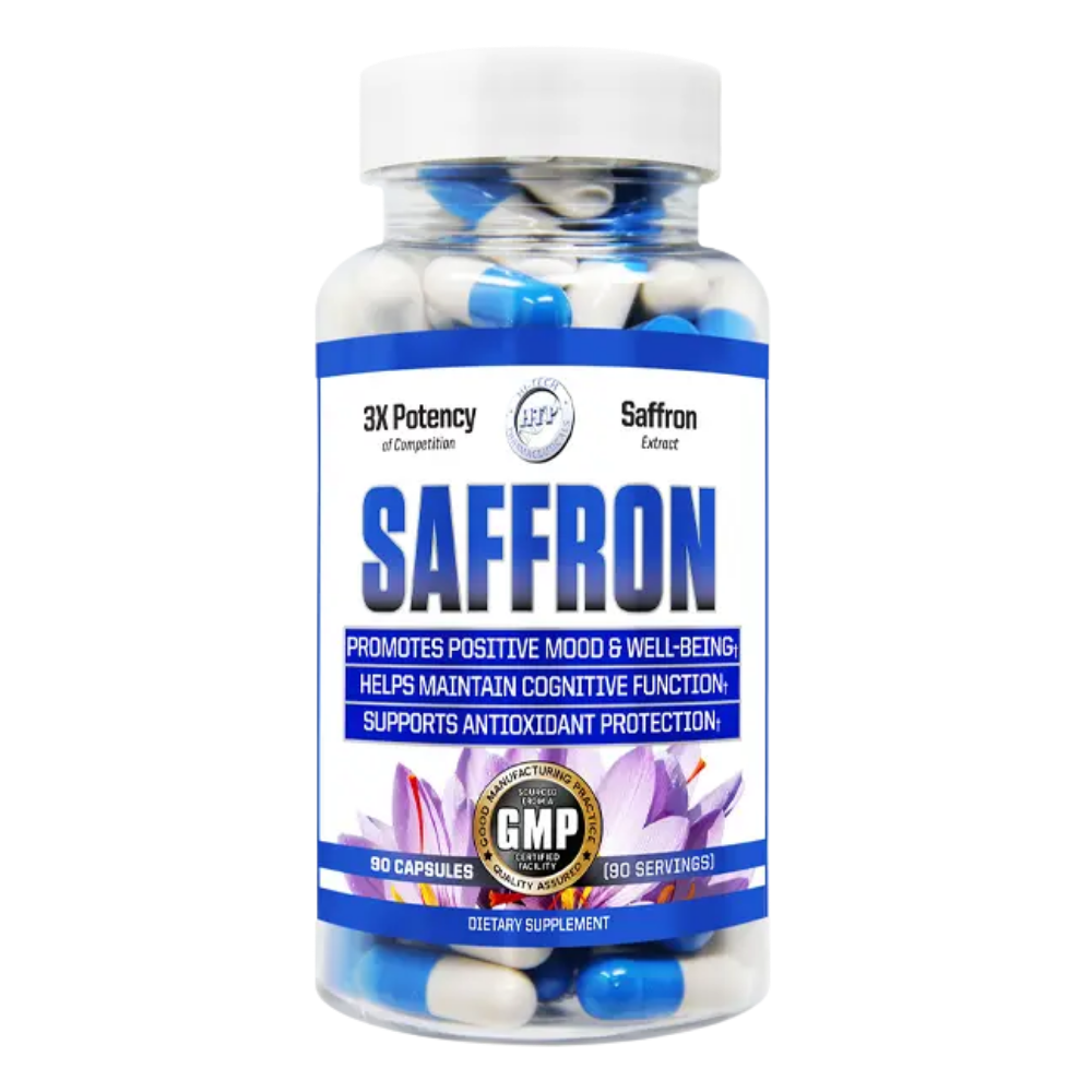 A bottle of Saffron dietary supplement capsules on a plain white background. The clear plastic bottle shows blue and white capsules inside, with a white cap and a white label featuring blue text and purple saffron flower graphics.