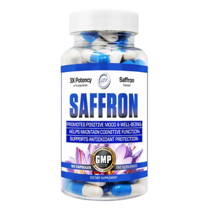 A bottle of Saffron dietary supplement capsules on a plain white background. The clear plastic bottle shows blue and white capsules inside, with a white cap and a white label featuring blue text and purple saffron flower graphics.