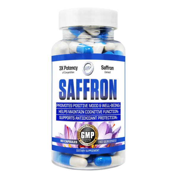 A bottle of Saffron dietary supplement capsules on a plain white background. The clear plastic bottle shows blue and white capsules inside, with a white cap and a white label featuring blue text and purple saffron flower graphics.