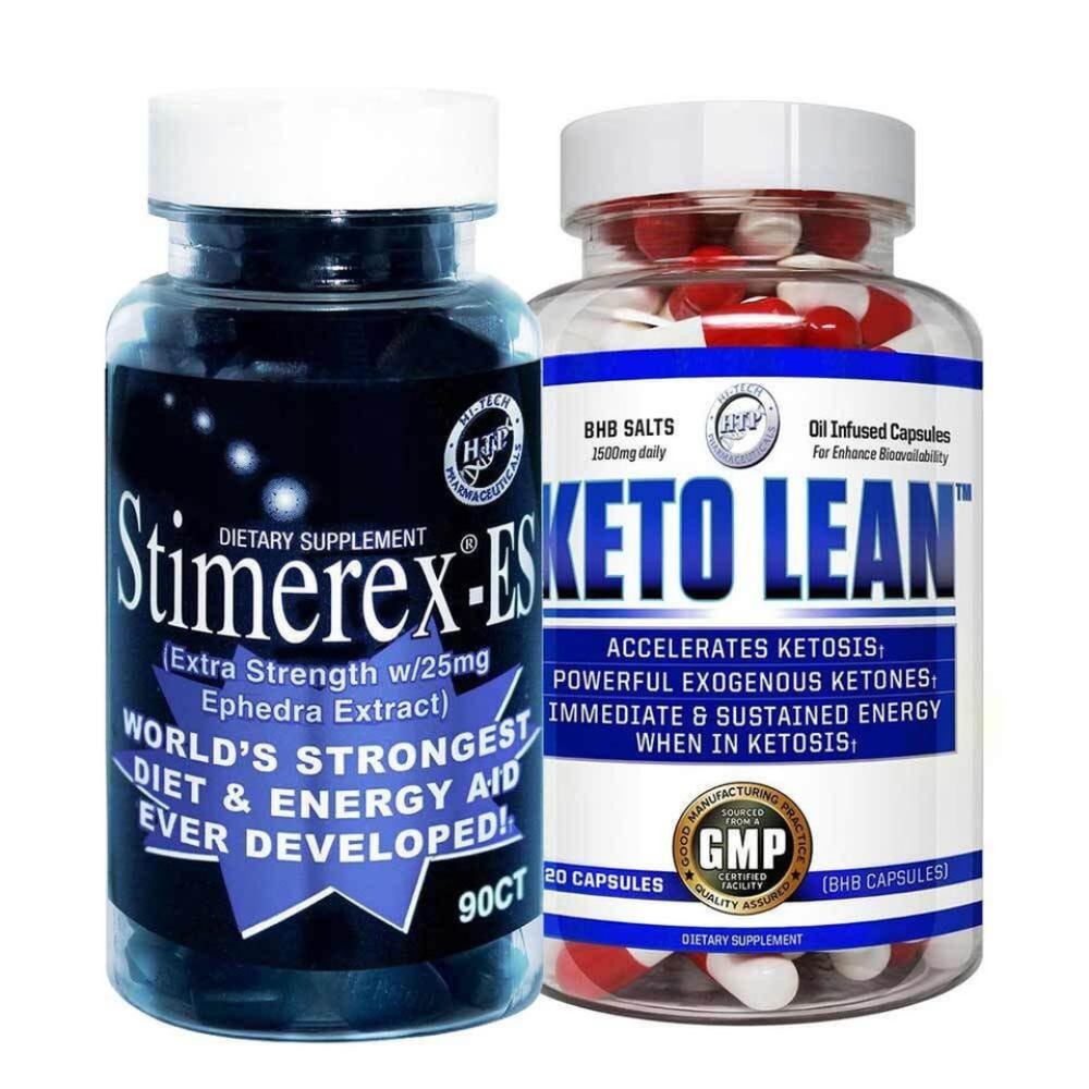 Two dietary supplement bottles labeled 'Stimerex-ES' and 'Keto Lean' on a white background.