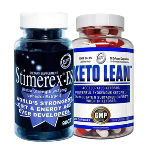 Two dietary supplement bottles labeled 'Stimerex-ES' and 'Keto Lean' on a white background.