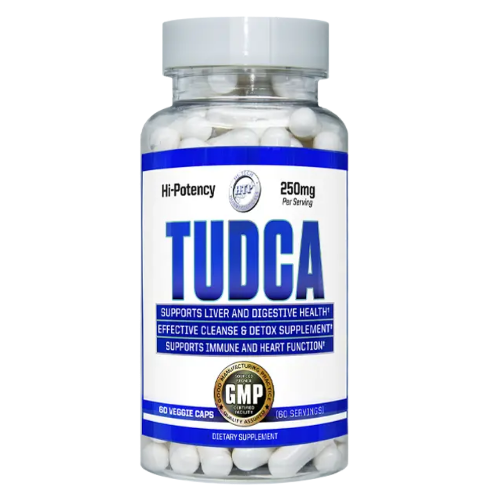 A bottle of Hi-Tech Pharmaceuticals Tudca on a white background.