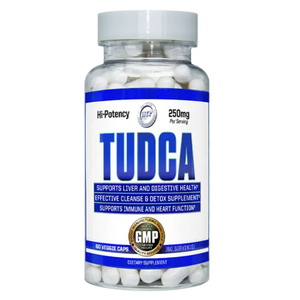 A bottle of Hi-Tech Pharmaceuticals Tudca on a white background.
