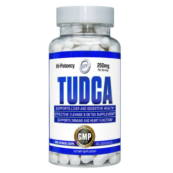 A bottle of Hi-Tech Pharmaceuticals Tudca on a white background.