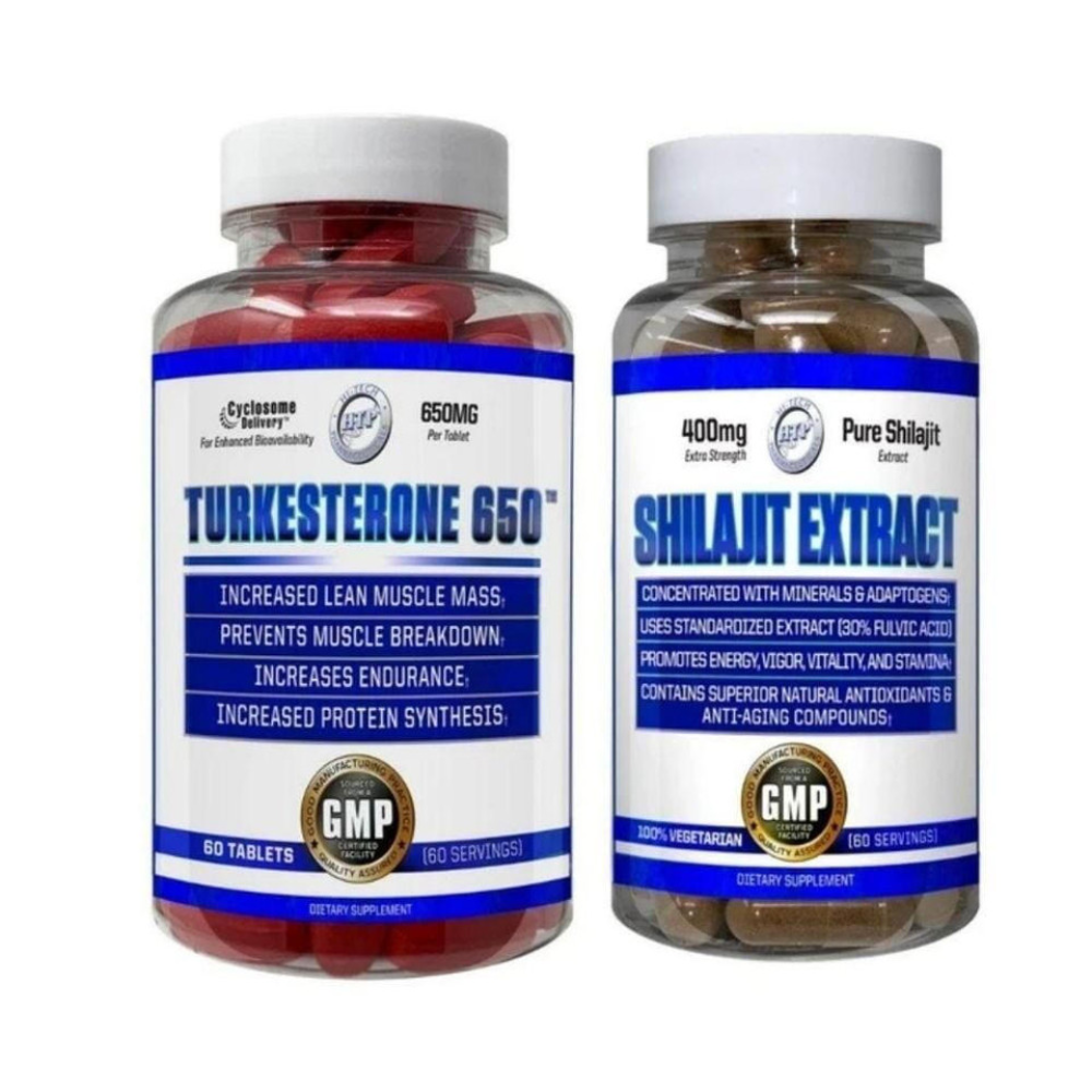 Two supplement bottles labeled 'Turkesterone 650' and 'Shilajit Extract' on a white background.