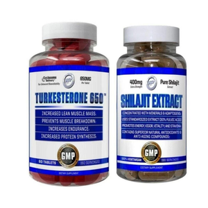 Two supplement bottles labeled 'Turkesterone 650' and 'Shilajit Extract' on a white background.