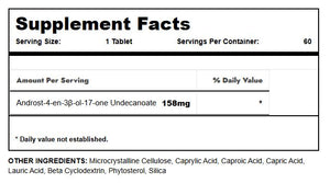 A Supplement Facts label showing a 158mg tablet of Androst-4-en-3B-ol-17-one Undecanoate, with other ingredients listed below on a white background.