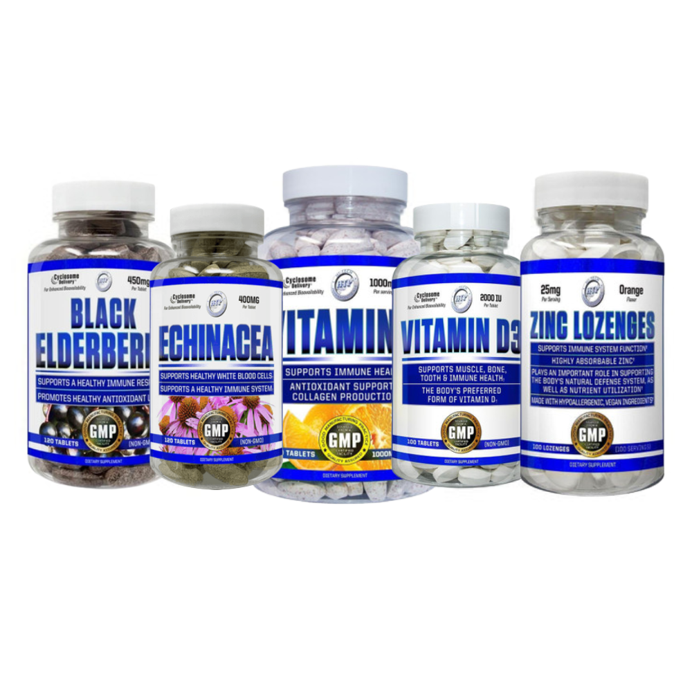 Collection of health supplement bottles from Hi-Tech Pharmaceuticals on a white background