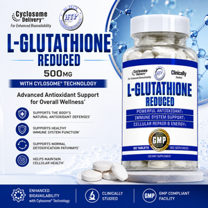 Promotional graphic for Hi-Tech Pharmaceuticals L-Glutathione Reduced 500mg featuring Cylosome® Technology, antioxidant support benefits, and supplement bottle on a blue scientific background.