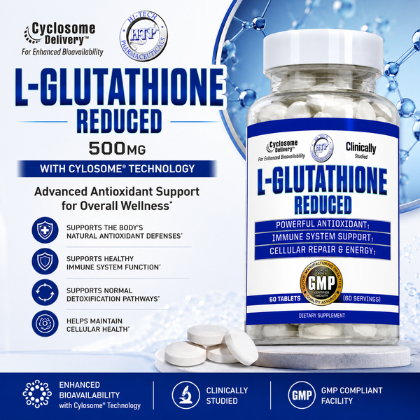 Promotional graphic for Hi-Tech Pharmaceuticals L-Glutathione Reduced 500mg featuring Cylosome® Technology, antioxidant support benefits, and supplement bottle on a blue scientific background.