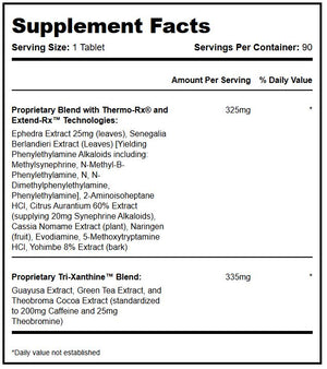 Supplement facts label for Hi-Tech Lipodrene Hardcore with detailed ingredient list on a white background