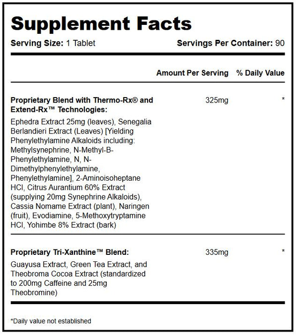 Supplement facts label for Hi-Tech Lipodrene Hardcore with detailed ingredient list on a white background