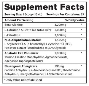 A black and white Supplement Facts label showing the nutritional information for a dietary supplement, including Beta-Alanine, L-Citrulline, N.O.