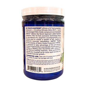 A bottle of HI-TECH AMP3D dietary supplement powder, showing the back label with product details and usage instructions, on a white background.
